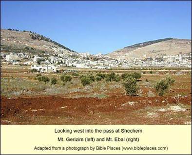 Shechem between Mt. Gerizim (left) and Mt. Ebal (right)